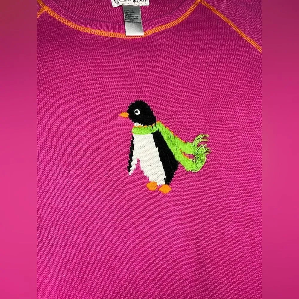 Quacker Factory embroidered penguin Pink crew sweater sz 1X